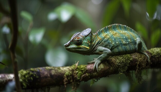 Lagarto verde posado en una rama en el bosque generado por IA