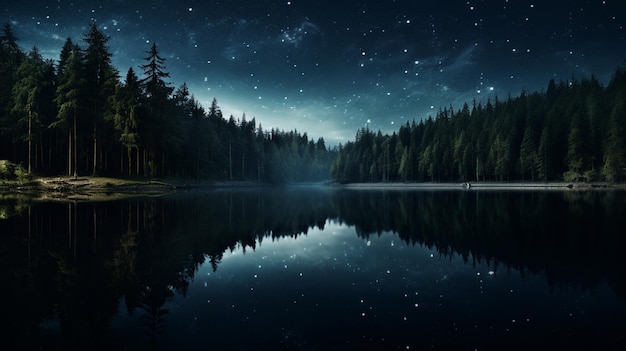 Foto gratuita un lago en el bosque en el que se refleja el cielo estrellado