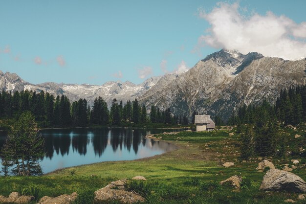 Lago cerca de árboles a través de la montaña