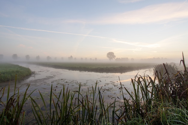 Lago en medio de campos de hierba con niebla al atardecer