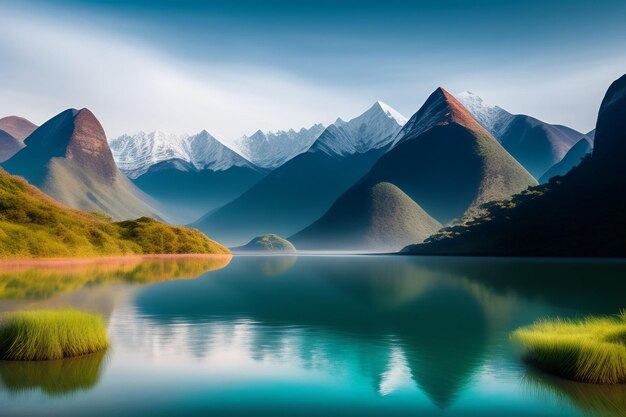 Un lago de montaña con montañas al fondo.