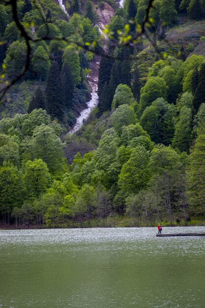 Lago rodeado de colinas cubiertas de bosques bajo la luz del sol