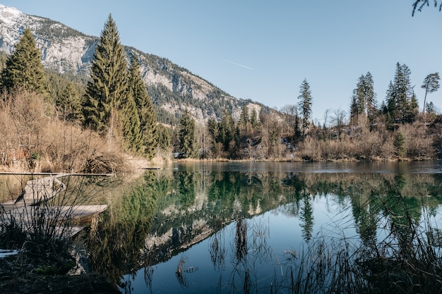 Lago rodeado de rocas y bosques con árboles que se reflejan en el agua bajo la luz del sol