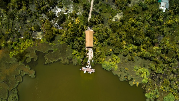 Lago verde en medio de una isla rodeada de árboles y casas en Maldivas