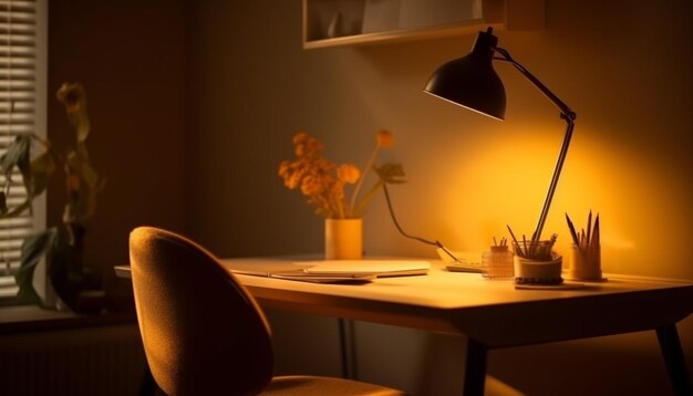 Lámpara de escritorio moderna que ilumina el diseño creativo de la oficina en el hogar generado por IA