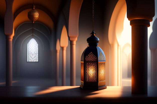 Una lámpara en una mezquita con la luz brillando a través de ella.