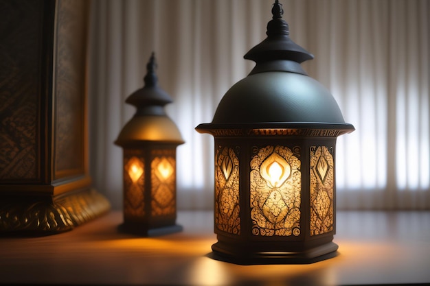Una lámpara sobre una mesa con la luz brillando sobre ella