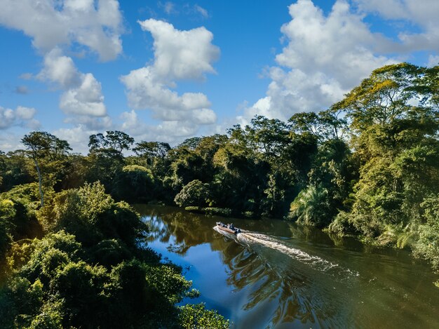 Lancha en el lago rodeado de hermosos árboles verdes bajo un cielo nublado