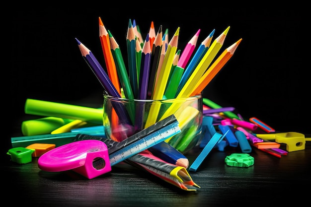 Lápices de colores para la escuela sobre fondo negro Ai generativo