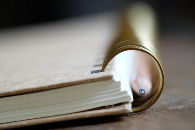 Lápiz con libro sobre madera