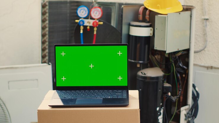 Foto gratuito laptop con llave chroma con aire acondicionado