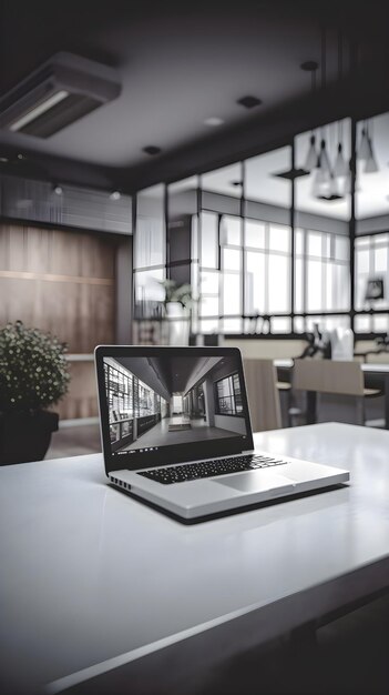 Laptop en una mesa blanca en un café moderno renderizado en 3D