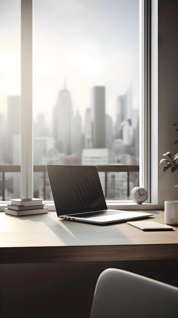 Laptop en la mesa en una oficina moderna con vista a la ciudad renderizado en 3D