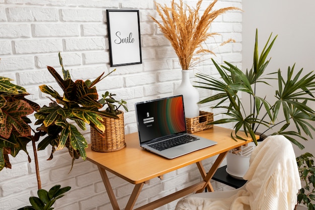 Laptop en mesa con plantas