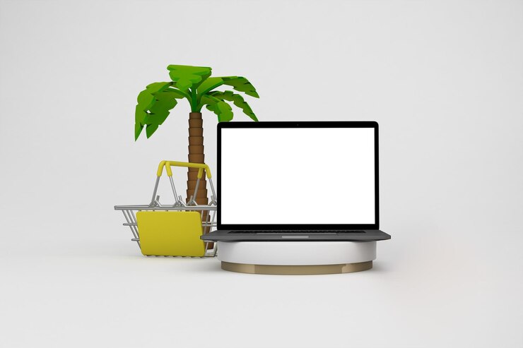 Photo Gratis laptop mockup with palm tree and shopping basket
