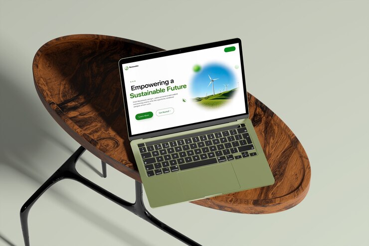Foto gratuito laptop con página de aterrizaje ecológica en una mesa de café