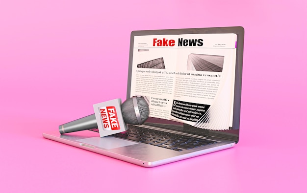 Laptop con página web de noticias falsas y micrófono