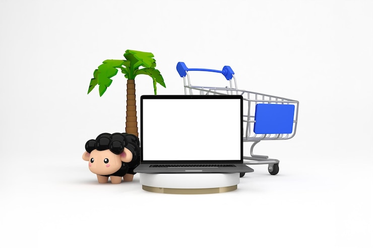 Foto gratuito laptop con una pantalla en blanco rodeado de palmeras y ovejas en el carrito de compras