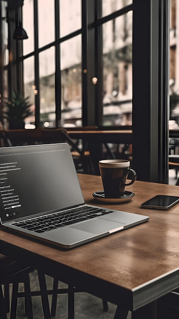 Foto gratuita laptop con pantalla en blanco y taza de café en una mesa de madera en una cafetería