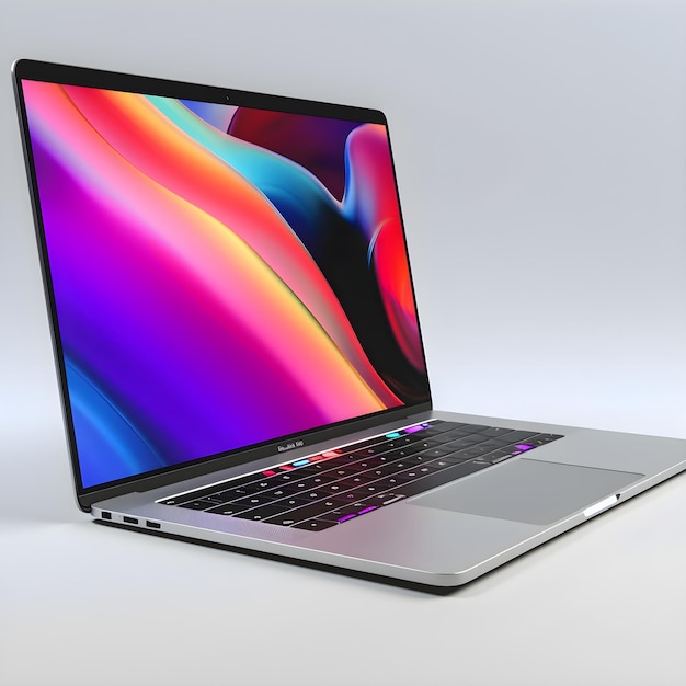 Laptop con pantalla colorida en fondo gris renderización 3D