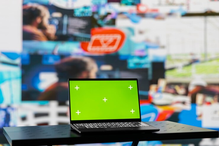 Foto gratuito laptop que ejecuta una pantalla clave de croma aislada junto al diseño web de redes sociales