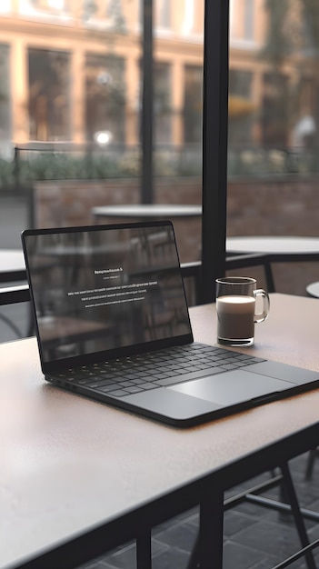 Laptop y taza de café en una mesa en una foto de archivo de un café