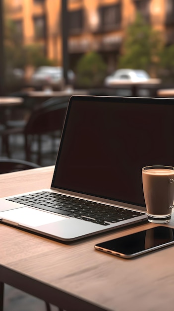 Laptop y taza de café en una mesa de madera en un primer plano de café