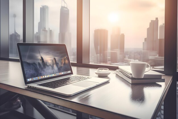 Foto gratuita laptop y taza de café en una mesa de madera con vista a la ciudad de fondo