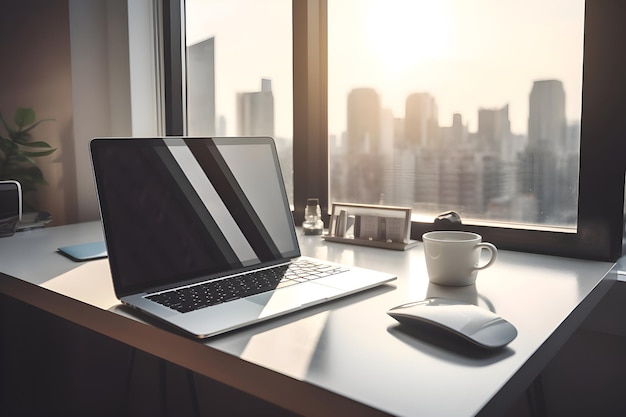 Laptop y taza de café en la mesa en la oficina con vista a la ciudad de fondo