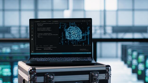 Laptop utilizado por los administradores de sistemas de centros de datos que utilizan tecnología de IA de cerca