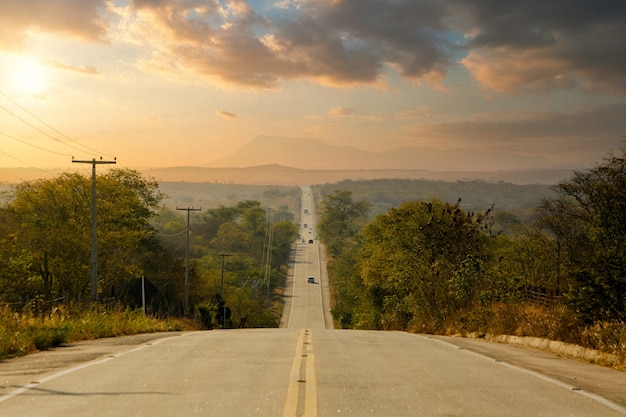 Foto gratuita larga carretera bordeada de árboles en el campo con un colorido cielo por la tarde