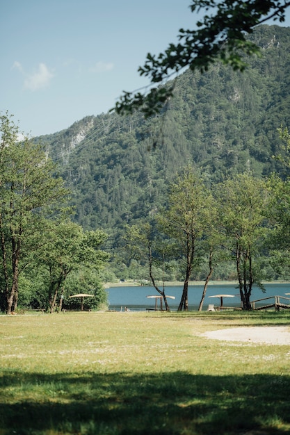 Larga travesía del río en el campo