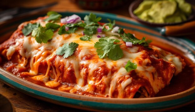 Lasaña recién cocinada con salsa boloñesa salada generada por IA