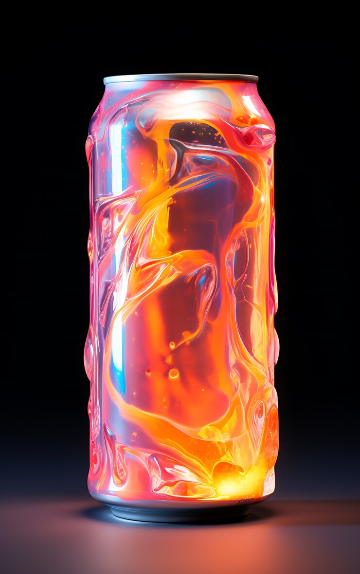 Foto gratuito una lata de refresco futurista de colores brillantes