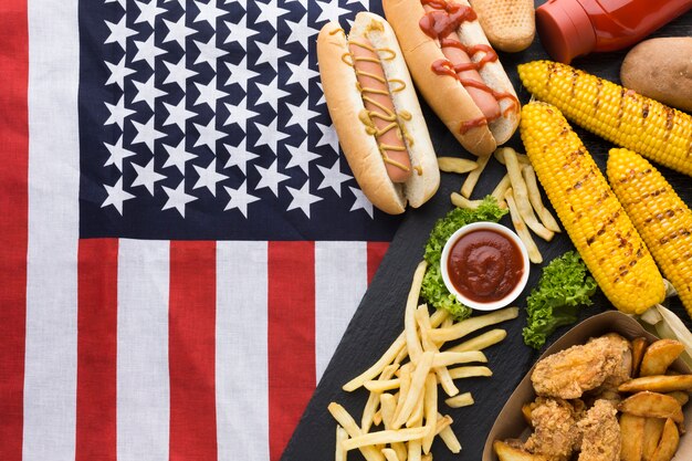 Lay Flat de comida americana con bandera de Estados Unidos