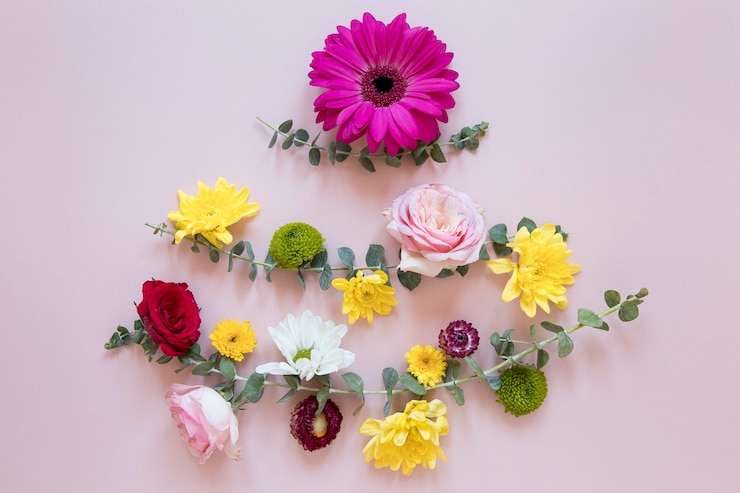 Foto gratuito lay flat de composición de hermosas flores.