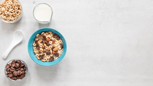 Foto gratuita leche y cereales con espacio de copia