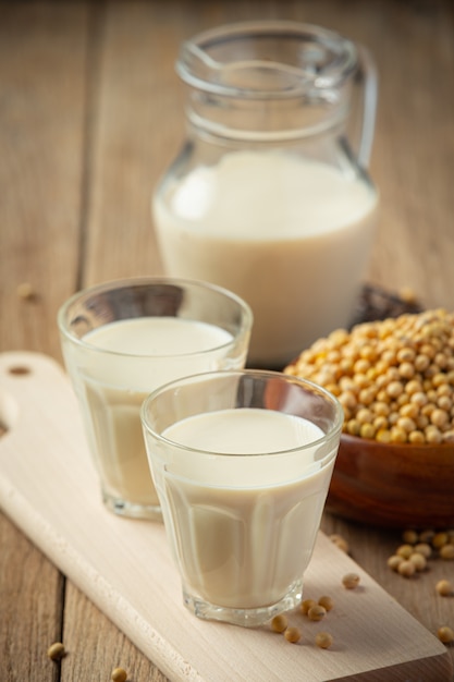 Leche de soja, productos alimenticios y bebidas de soja Concepto de nutrición alimentaria.