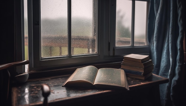 Lectura de libros de texto en una mesa de madera rústica generada por IA