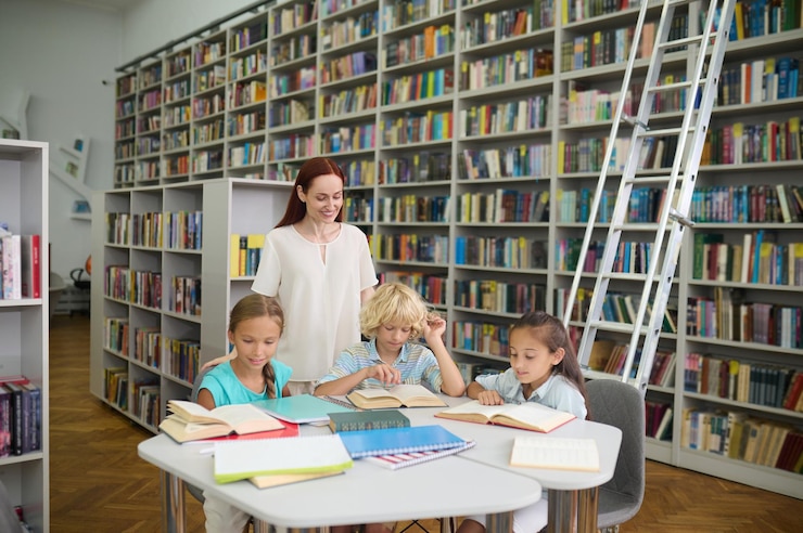 Foto gratuito leer. amable mujer joven en ropa ligera de pie viendo a los escolares leyendo libros en la mesa en la biblioteca