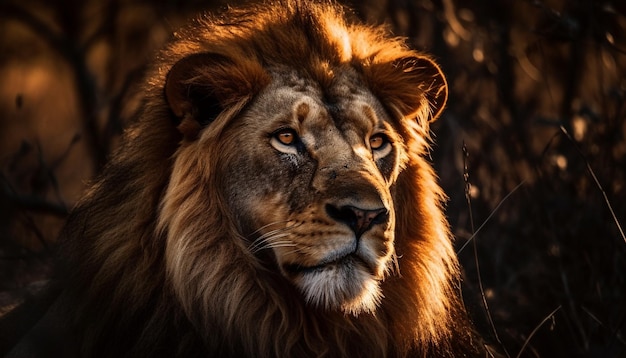 León majestuoso caminando por un área silvestre africana generada por IA