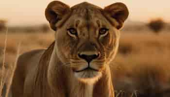 Foto gratuita leona caminando en el desierto africano puesta de sol generada por ia