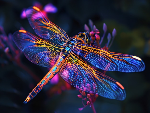 Foto gratuita libélula brillante con sombras de neón