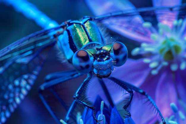 Libélula brillante con sombras de neón