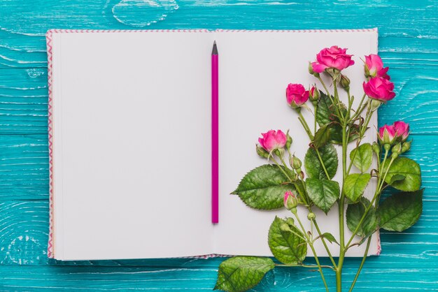 Libro abierto con lápiz y flores moradas