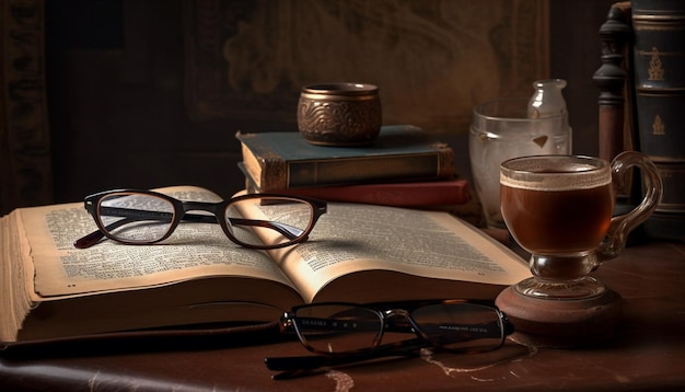 Libro antiguo sobre la mesa con gafas de lectura generadas por IA