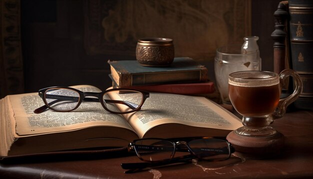 Libro antiguo sobre la mesa con gafas de lectura generadas por IA