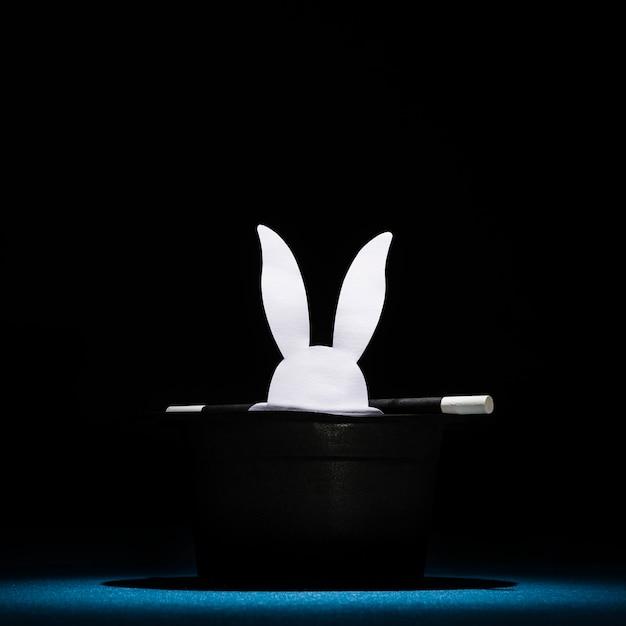 Libro blanco corta cabezas de conejo en el sombrero negro superior con varita mágica