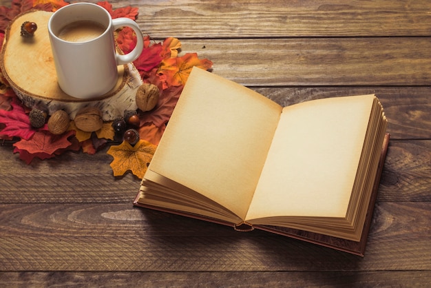 Foto gratuita libro y café cerca de nueces y hojas