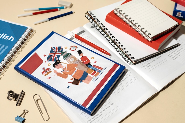 Foto gratuito libro de inglés descansando en la mesa del espacio de trabajo